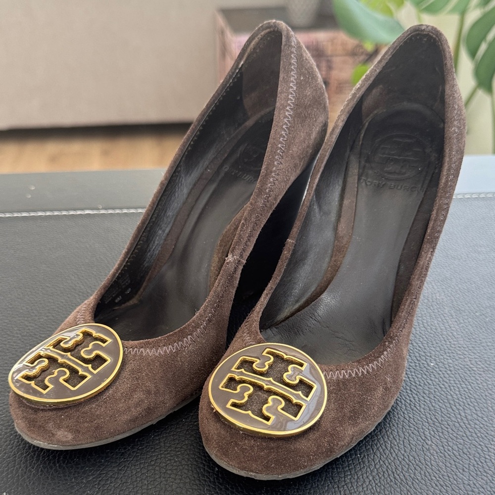 Tory Burch Brown Suede Wedges with Gold Emblem